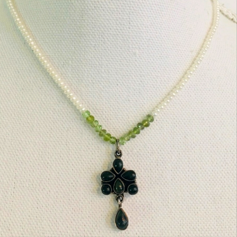 Vintage Sterling Malachite, FW Pearl, & Green Tourmaline Beaded Pendant Necklace